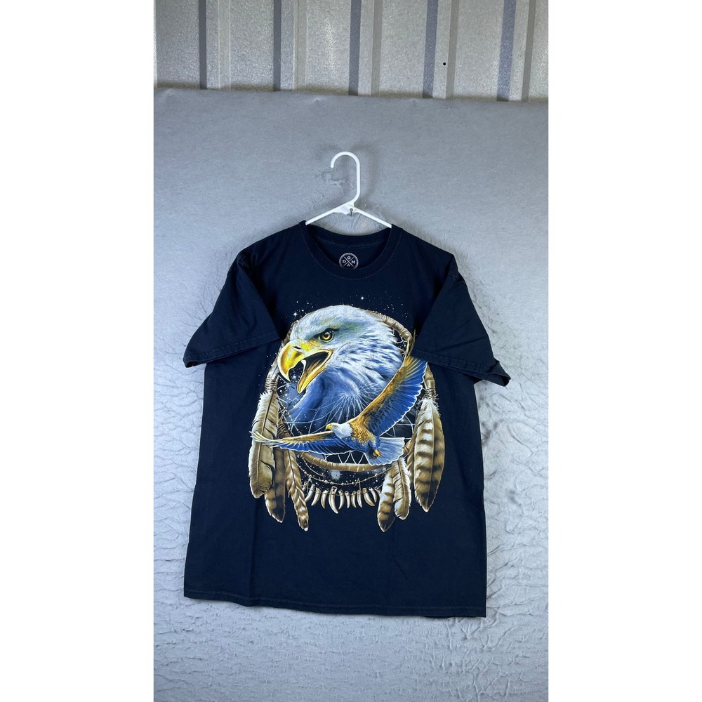 DOM Graphic T-Shirt Mens Large Black Excellent Bald Eagle Dreamcatcher Native